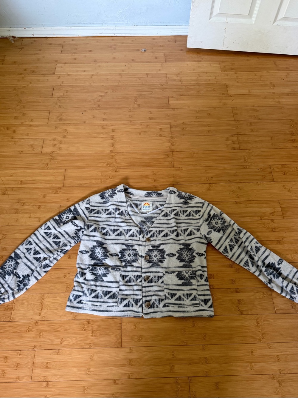 C&C California Black & White Aztec-Pattern Button Front Cardigan
